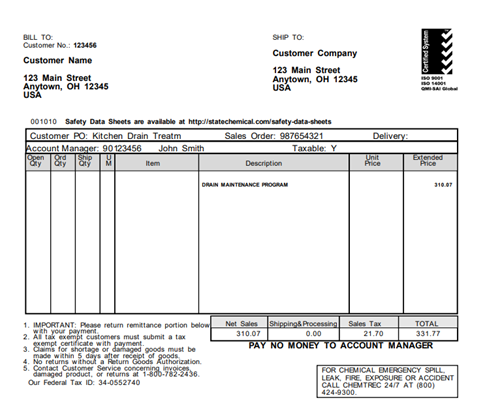 A sample invoice from State Chemical. The invoice includes a line for